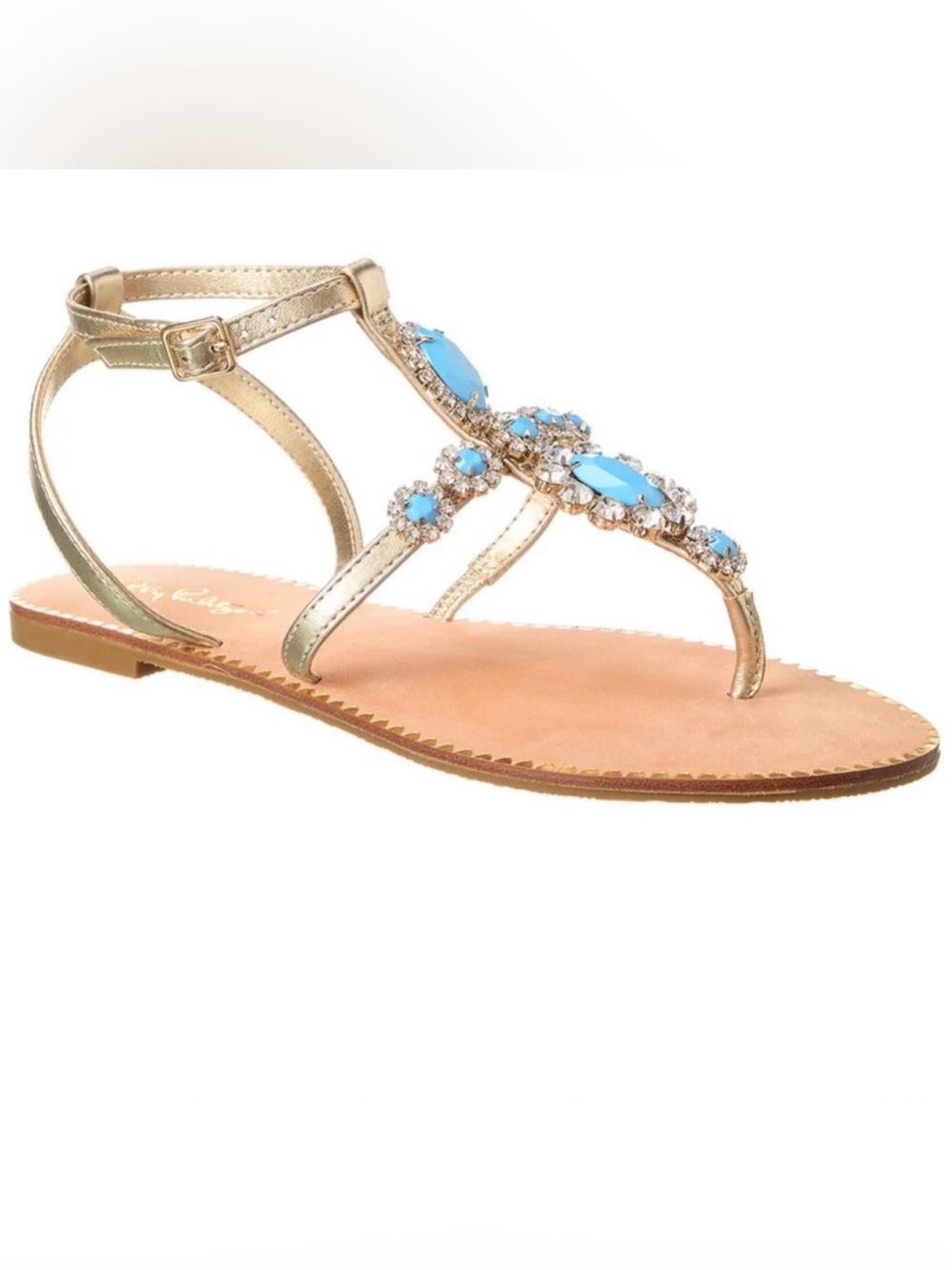 Lilly Pulitzer Katie Embellished Bermuda Blue/Gold Leather Sandals Sz 7 1/2 - Picture 2 of 8